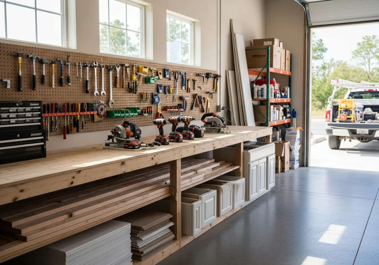 Construction crew tools and equipment on a job site, showcasing professional contracting setup and readiness.