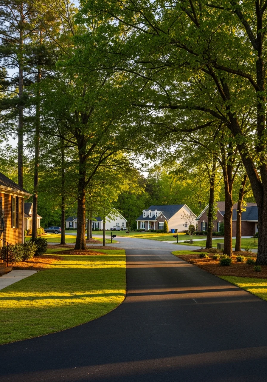 Residential neighborhood in Farmville, NC with well-maintained homes and mature trees