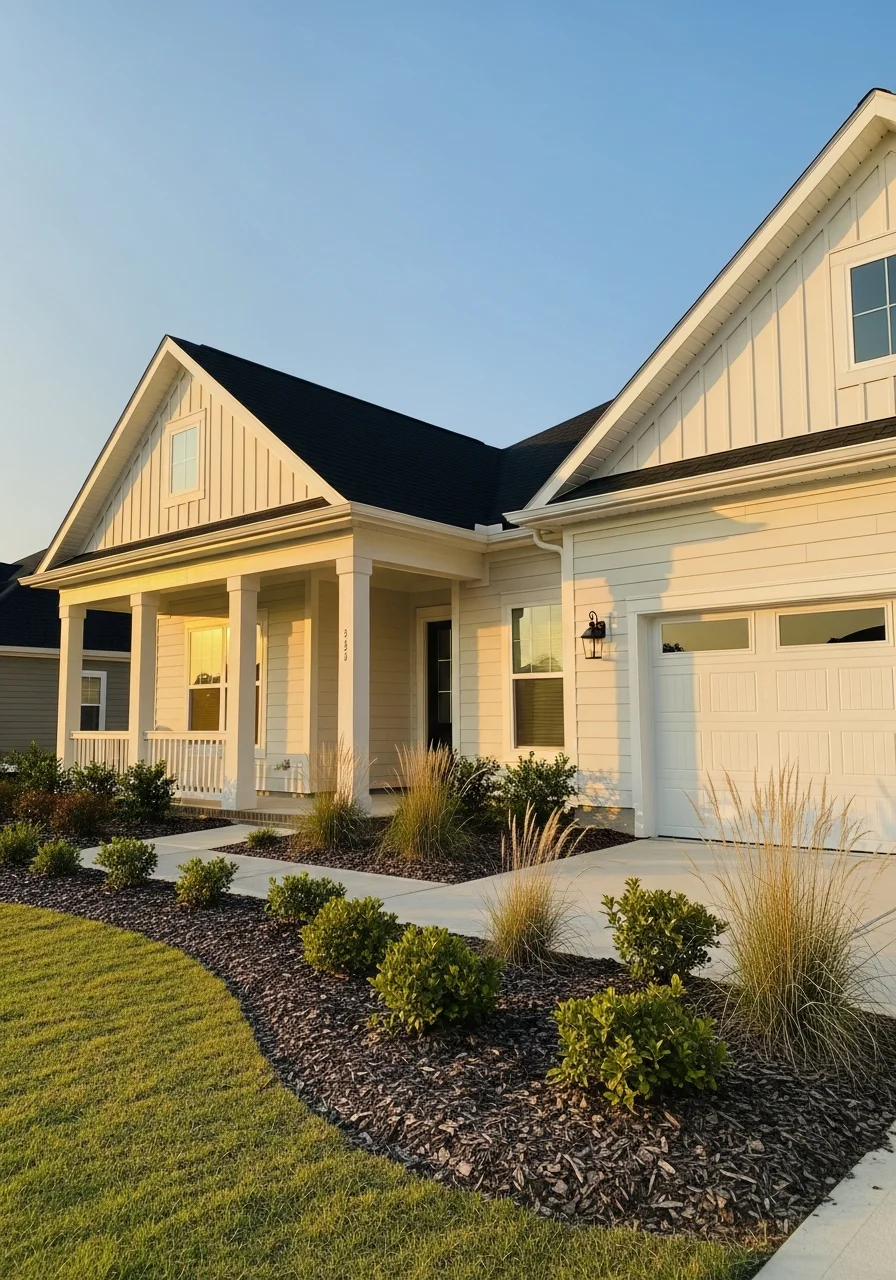 New construction home in Holly Ridge with professional landscaping and coastal architectural design