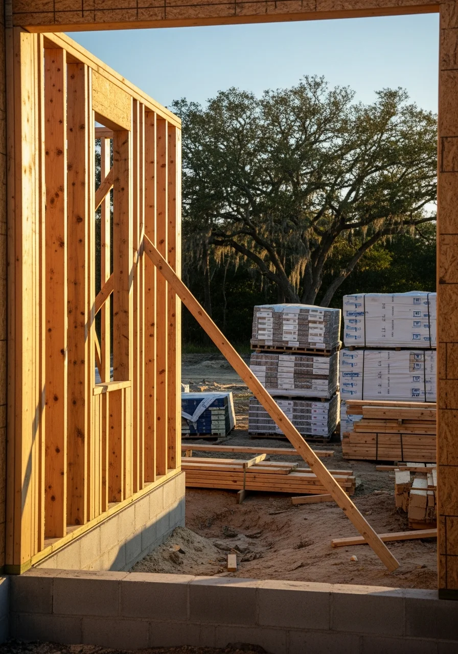 New residential construction in Jacksonville NC with modern home framing and building materials