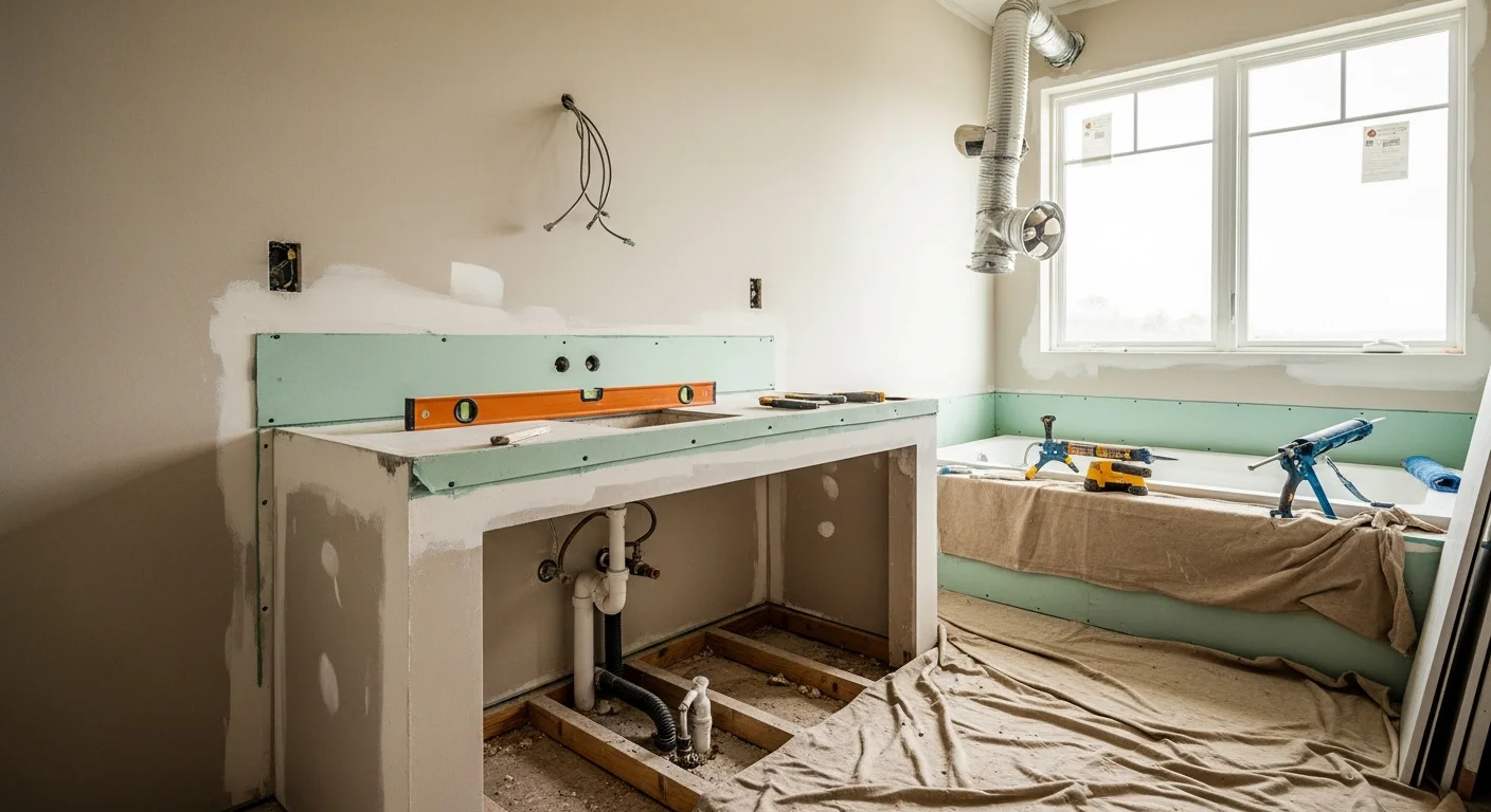 Finished bathroom remodel in a Wilmington, NC home showing a walk-in tile shower, updated vanity, and moisture-resistant flooring. The space reflects a clean, functional layout suited to the coastal climate.