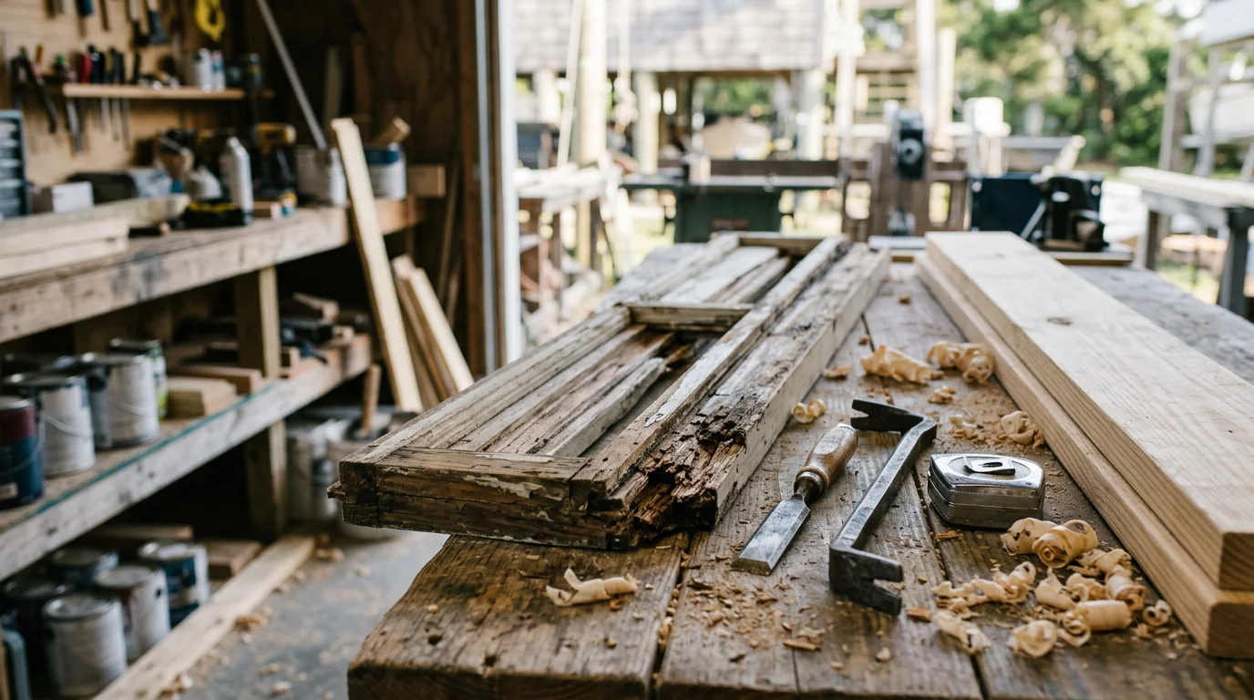A carpenter repairing exterior wood trim and fascia boards on a residential home in Wilmington, NC. The work shows replaced sections of rotted wood around a window frame with fresh lumber fitted and ready for finishing.