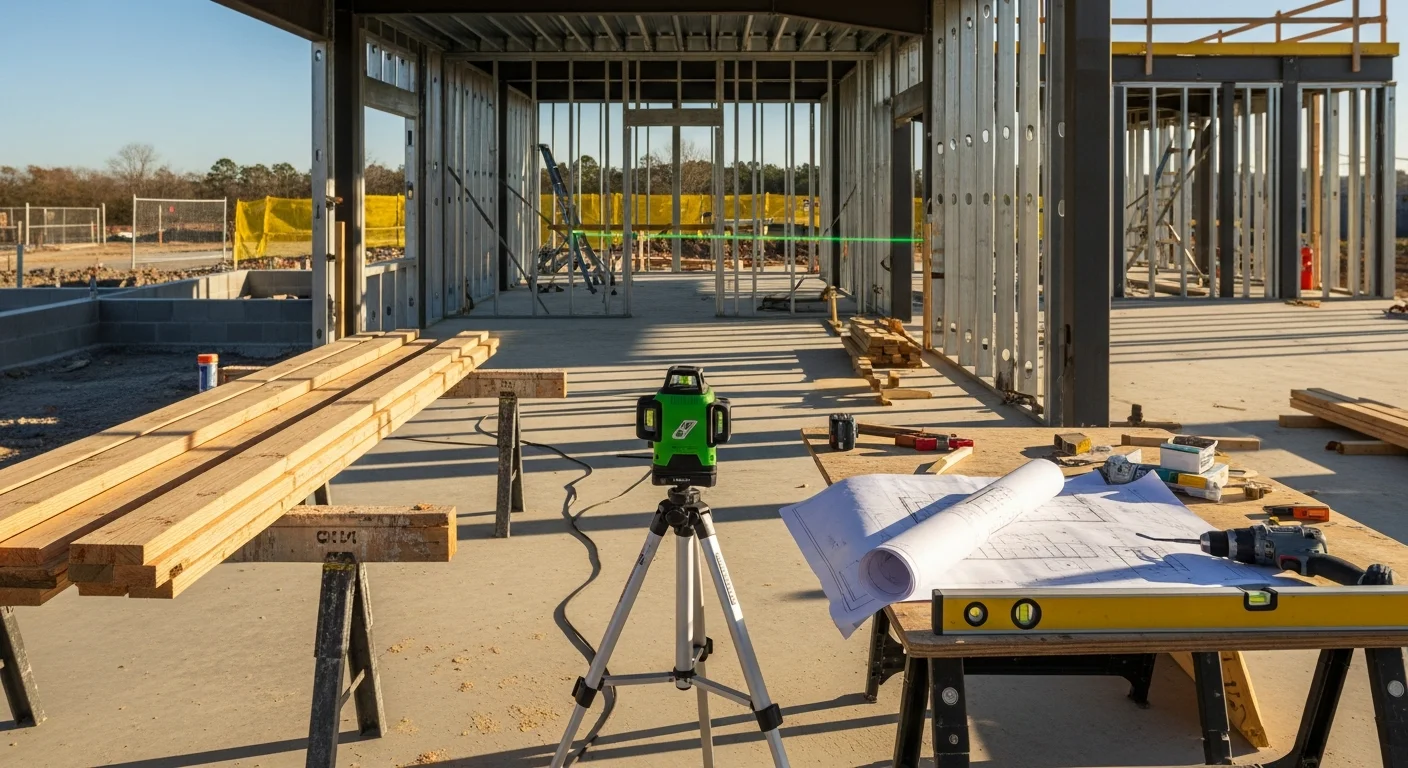 A commercial building under active construction in Wilmington, NC, with framed exterior walls and a general contractor crew on site. The structure shows early-stage build progress on a clear-sky coastal day.