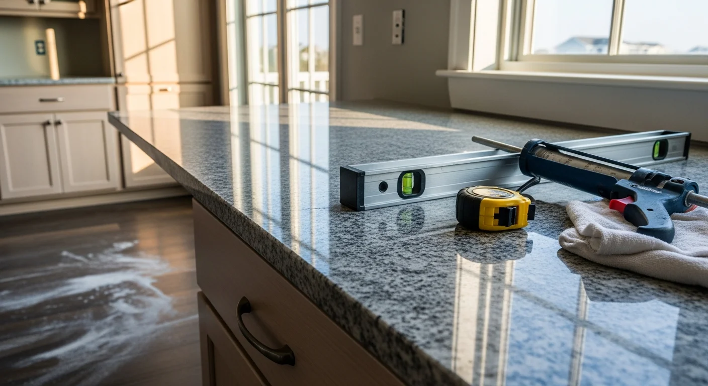 Newly installed kitchen countertop in a Wilmington, NC home, showing clean edge finishing and flush fit against painted cabinetry. The bathroom vanity in the background features a matching surface installed by Barrow Construction of NC LLC.
