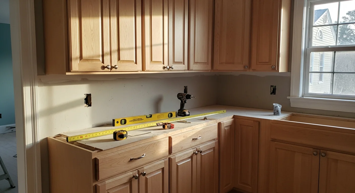 Newly installed custom kitchen cabinets with consistent finish and hardware alignment in a Wilmington, NC home remodel. Floor-to-ceiling cabinet runs fitted along a coastal-style kitchen with open layout and natural light.