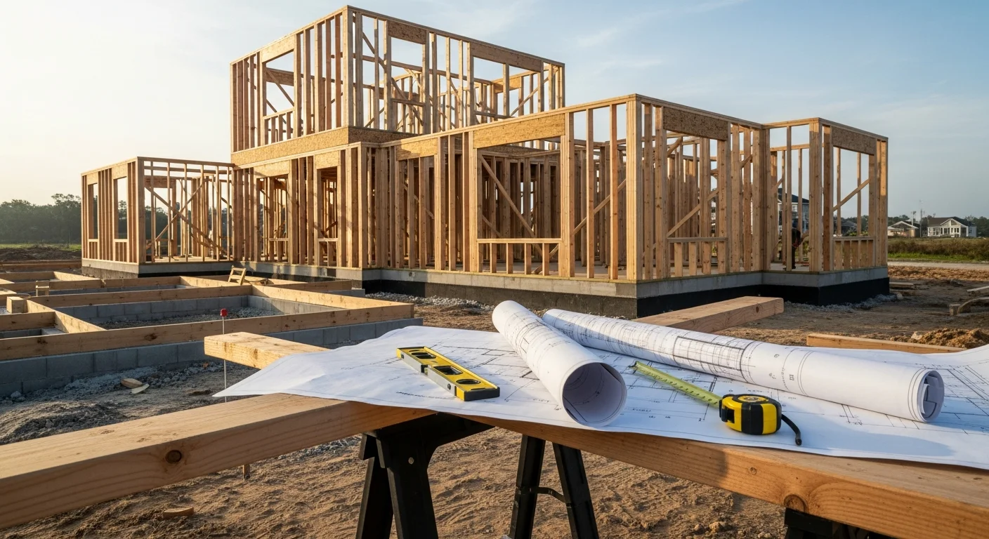 A newly framed custom home under construction on a residential lot in Wilmington, NC, showing elevated foundation work and wood framing against a clear coastal sky. A general contractor reviews structural plans on site during the framing phase.