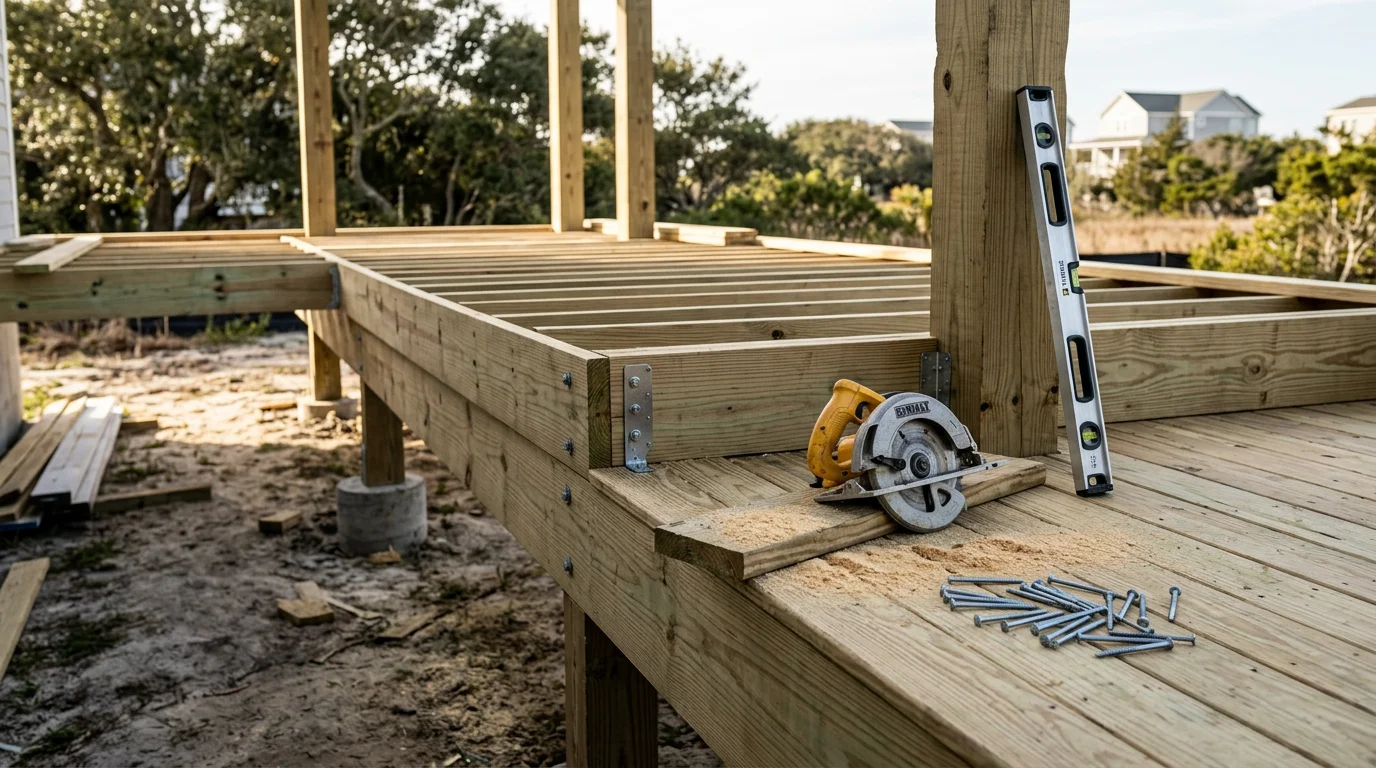 A newly built wood-framed deck attached to the back of a residential home in Wilmington, NC, with railings and stairs leading to a backyard. The structure shows clean framing and secure post connections suited to the coastal North Carolina climate.