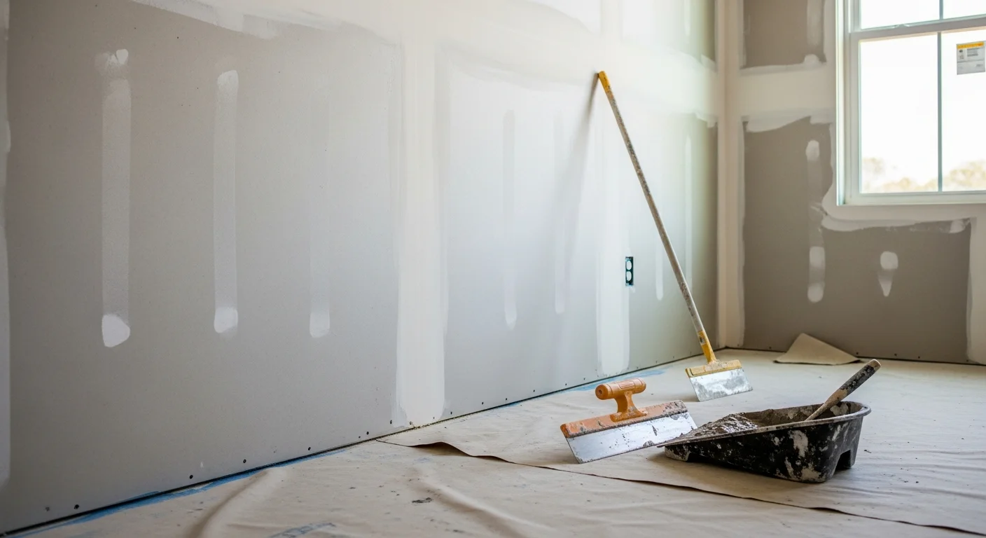 A freshly finished drywall ceiling and walls in a Wilmington home remodel, showing smooth, seam-free surfaces ready for paint. The room is part of a residential renovation by Barrow Construction of NC LLC.