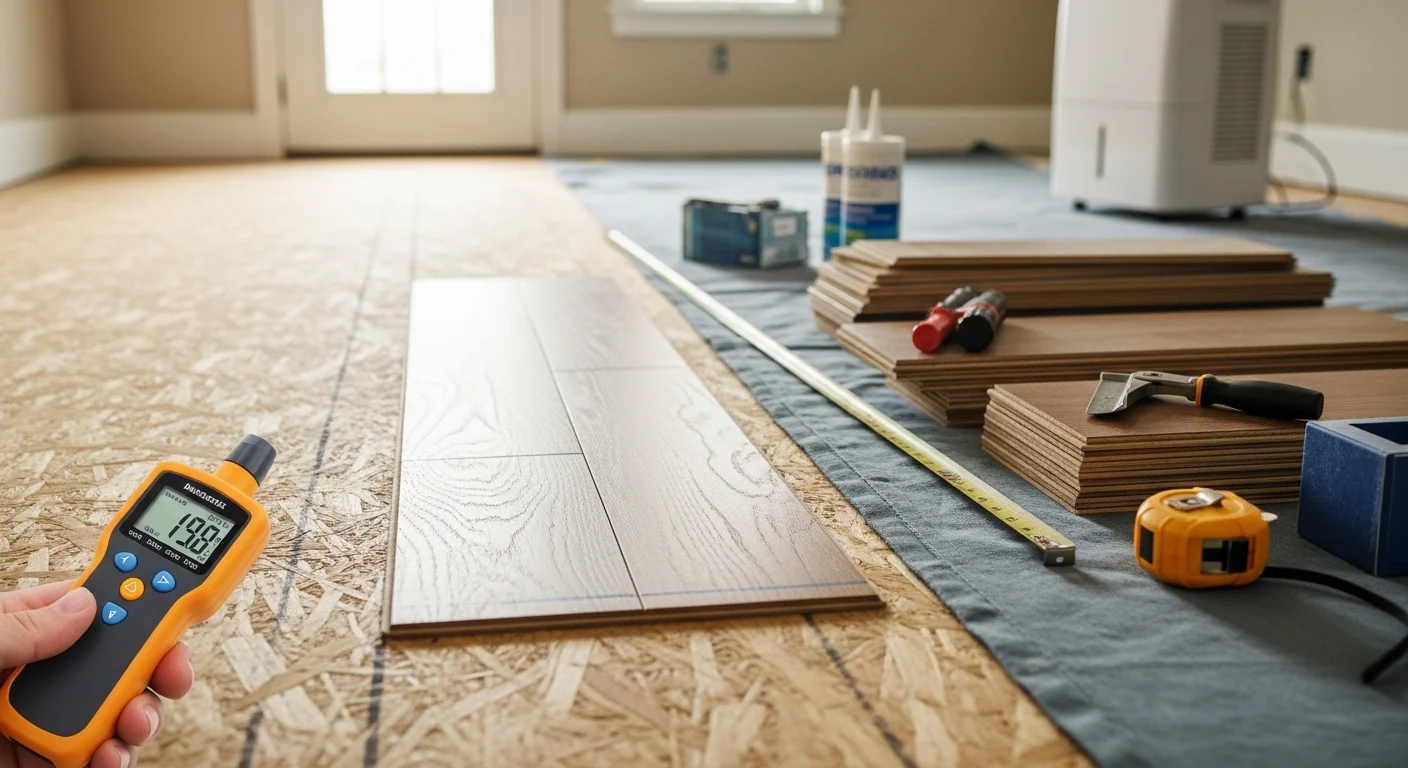 Freshly installed flooring in a Wilmington, NC home interior showing clean seams and consistent finish across a living room floor. A remodeling project by Barrow Construction of NC LLC with visible subfloor transition at a doorway.