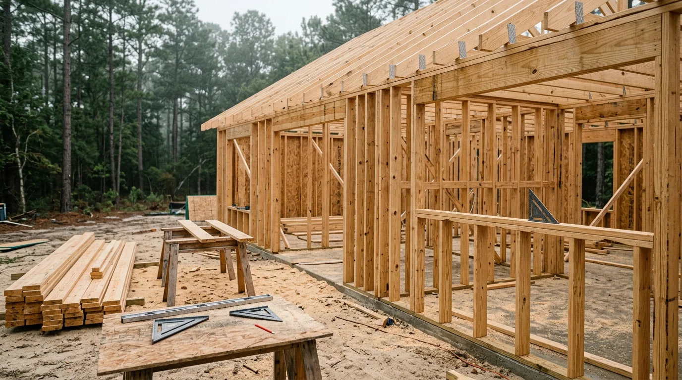 Structural wood framing of a residential home under construction in Wilmington, NC, showing wall studs, floor joists, and roof framing against a coastal sky. A general contractor crew works on the framing layout of a new build in the Wilmington area.