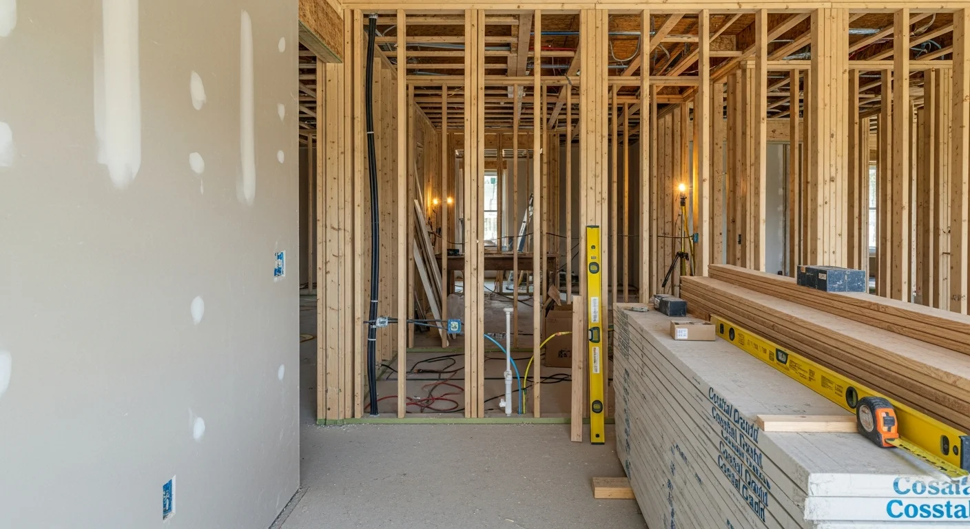 A fully renovated Wilmington, NC home interior showing an open-concept living and kitchen area with new flooring, updated cabinetry, and fresh wall finishes. The space reflects a complete general contractor renovation suited to coastal North Carolina residential construction.