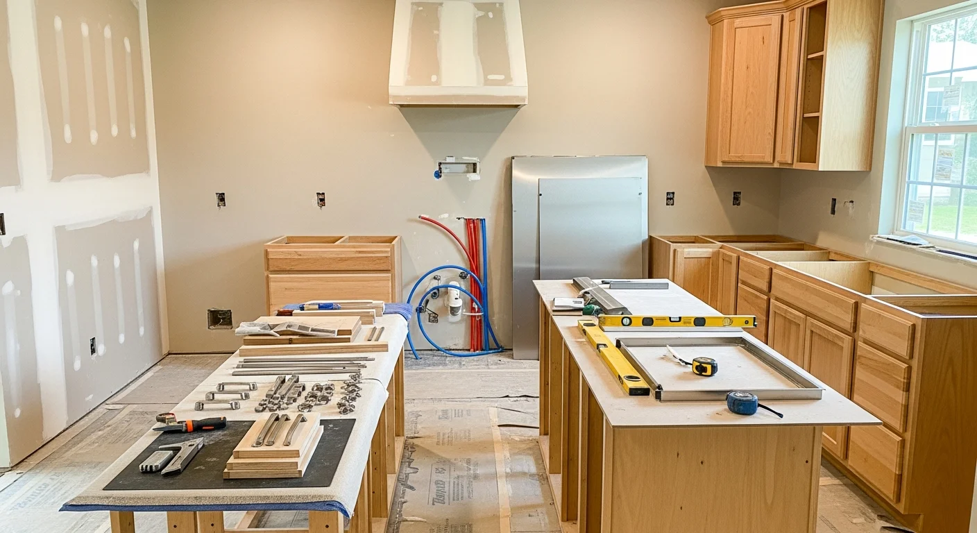 A fully remodeled kitchen in a Wilmington, NC home showing new cabinetry, countertops, and updated flooring. The space reflects a practical open layout suited to coastal living in the Cape Fear region.