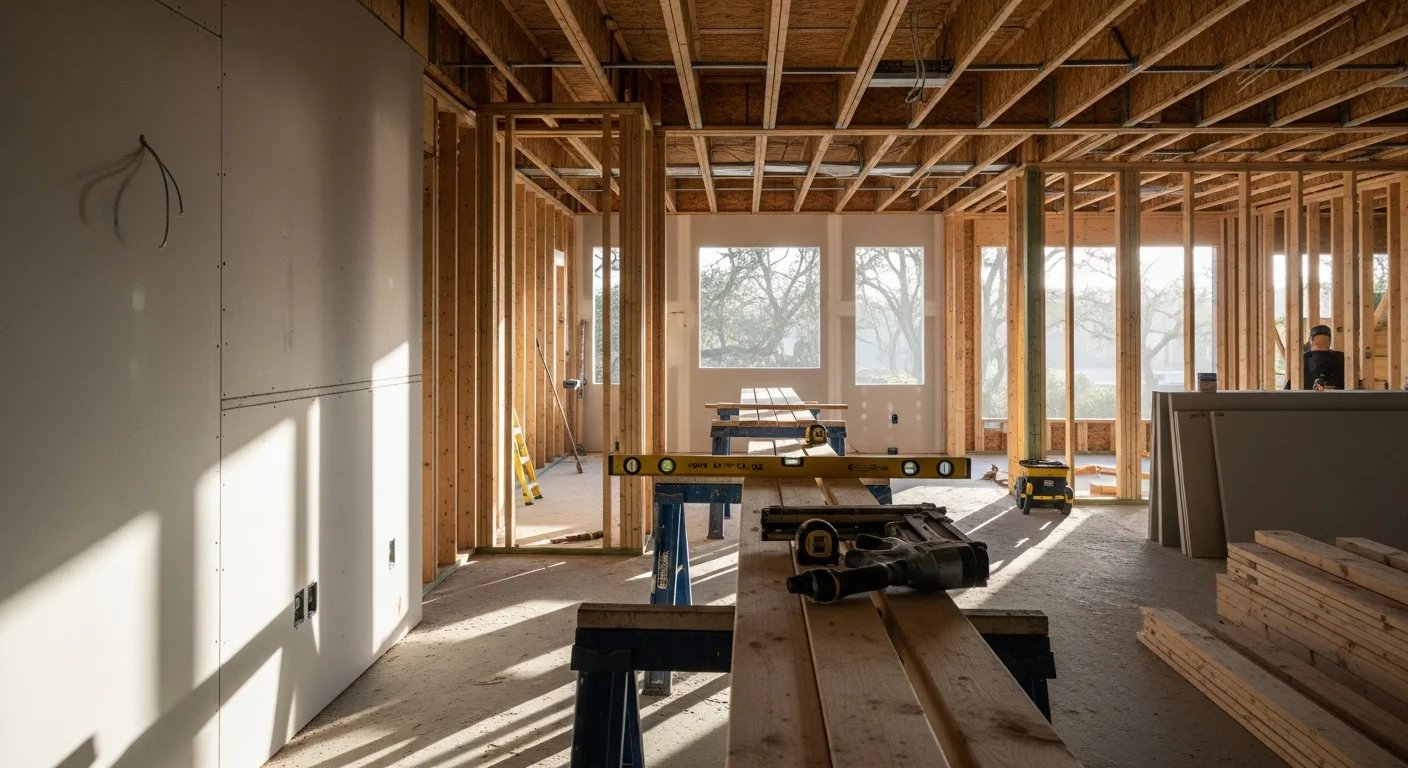 A completed residential addition in Wilmington, NC showing clean framing, exterior siding, and trim work on a single-family home. The structure reflects construction suited to the coastal New Hanover County climate.