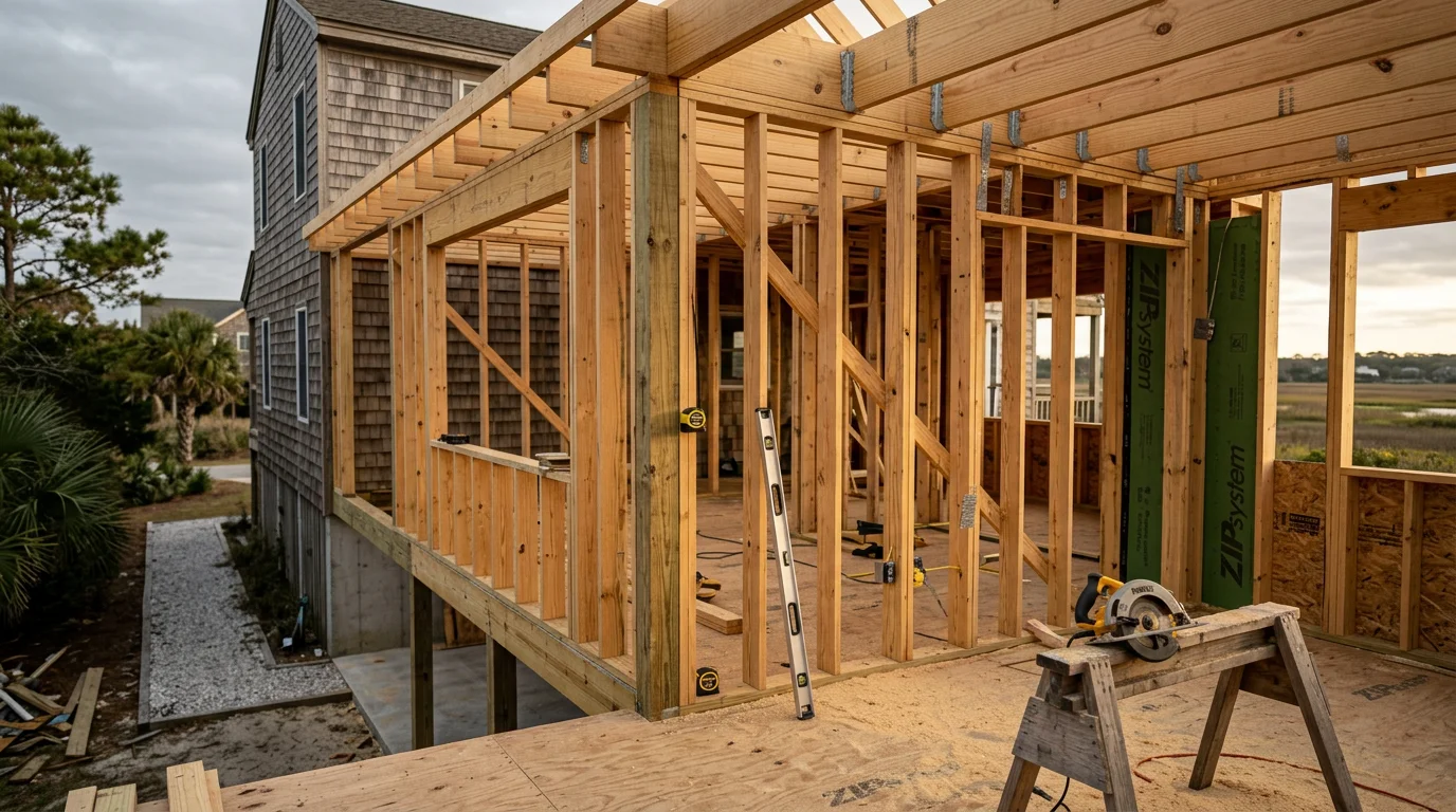 A newly completed single-story home addition attached to an existing house in Wilmington, North Carolina, showing matched exterior siding and a roofline that connects with the original structure. The addition extends the home's footprint into the backyard on a residential lot in the coastal Carolina region.