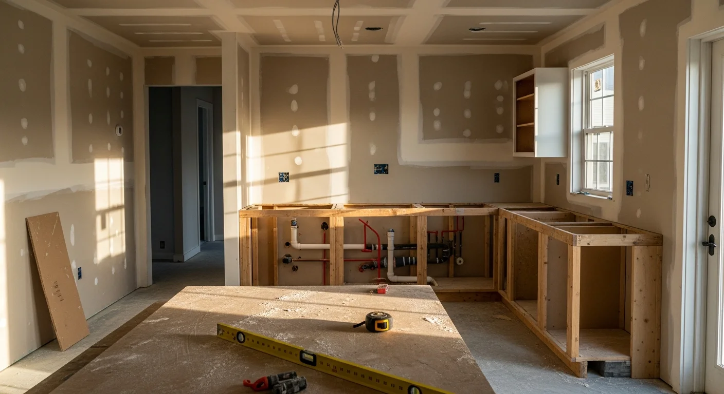 A renovated flip property in Wilmington, NC showing a freshly remodeled kitchen with updated cabinetry and new flooring. The exterior of the coastal-style home features new siding and a painted front entry ready for listing.
