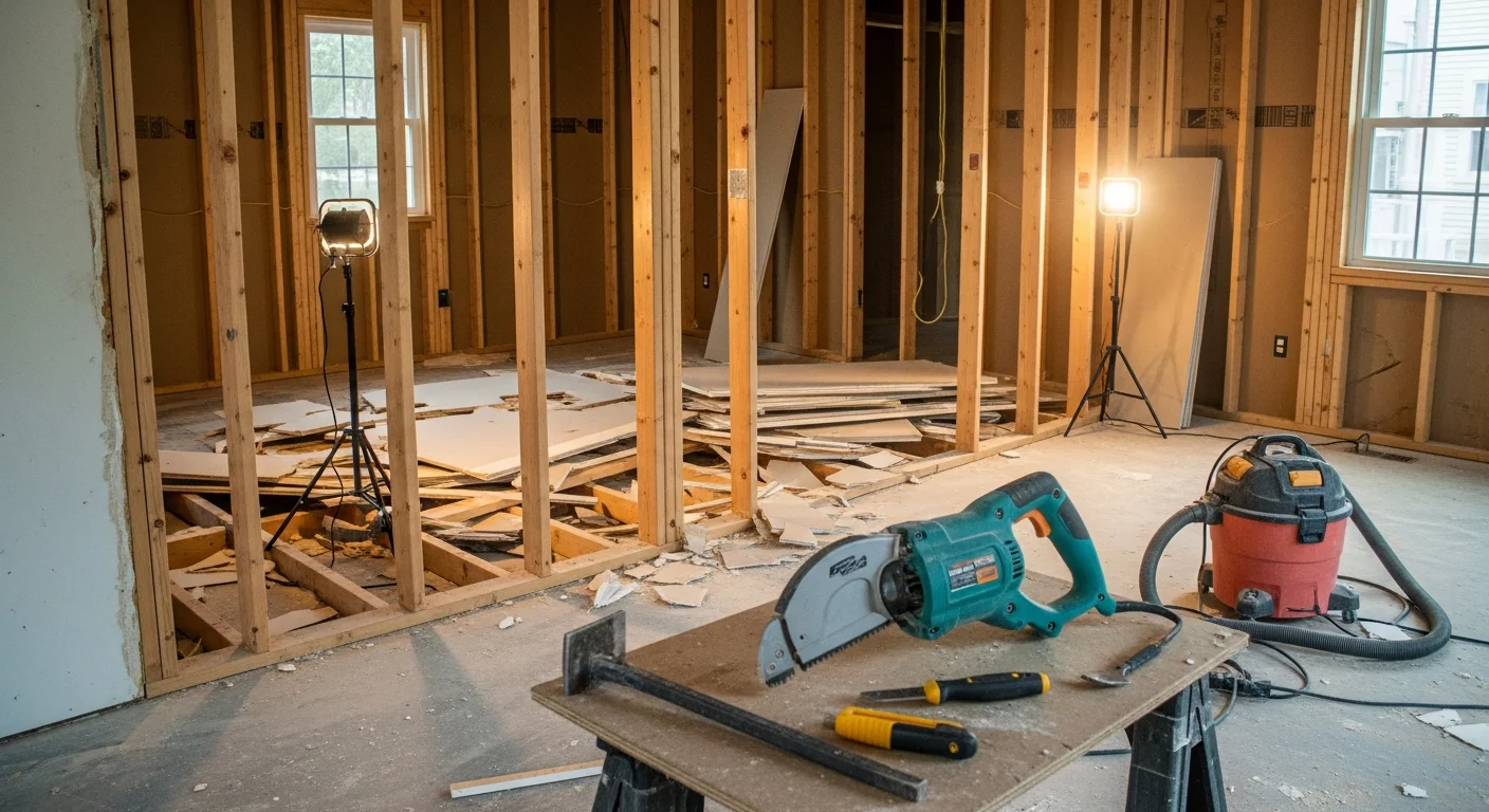 Interior demolition in progress inside a Wilmington, NC home, with walls stripped to the studs and flooring removed in preparation for a full kitchen remodel. Debris is staged for removal and the structural framing remains intact.