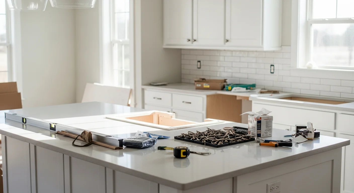 A newly installed custom kitchen island with lower cabinet storage and a countertop overhang for seating inside a Wilmington, NC home. The island fits within an open-concept kitchen layout with clear traffic lanes on both sides.