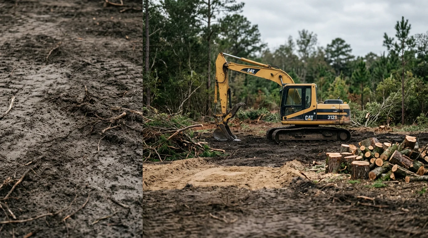 A cleared residential lot in Wilmington, NC with trees and brush removed and bare ground ready for construction. Heavy equipment sits at the edge of the site following land clearing work by a general contractor.