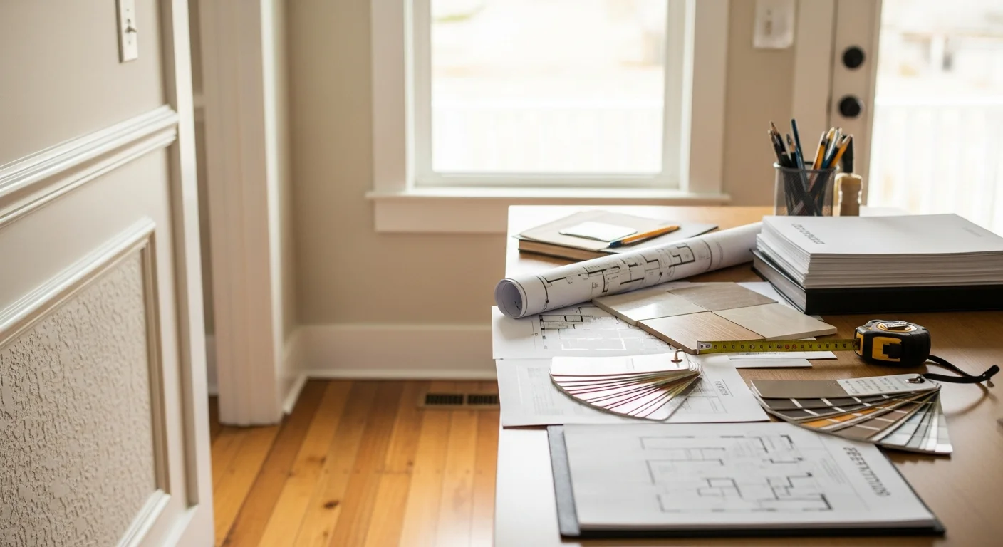 A Barrow Construction of NC LLC contractor reviewing a home remodeling plan with a Wilmington homeowner inside a residential kitchen. The image shows an open layout with coastal North Carolina natural light and a project planning document on the counter.
