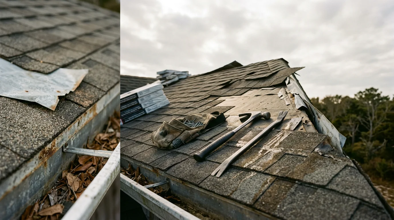 A residential roof in Wilmington, NC showing repaired shingles and sealed flashing along the roof edge after storm damage work. The home sits in a coastal North Carolina neighborhood typical of the greater Wilmington area.