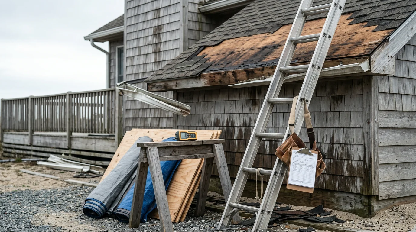 A residential property in Wilmington, NC showing storm damage repair work in progress, with exterior siding and structural framing being restored by a general contractor after hurricane wind and rain damage.