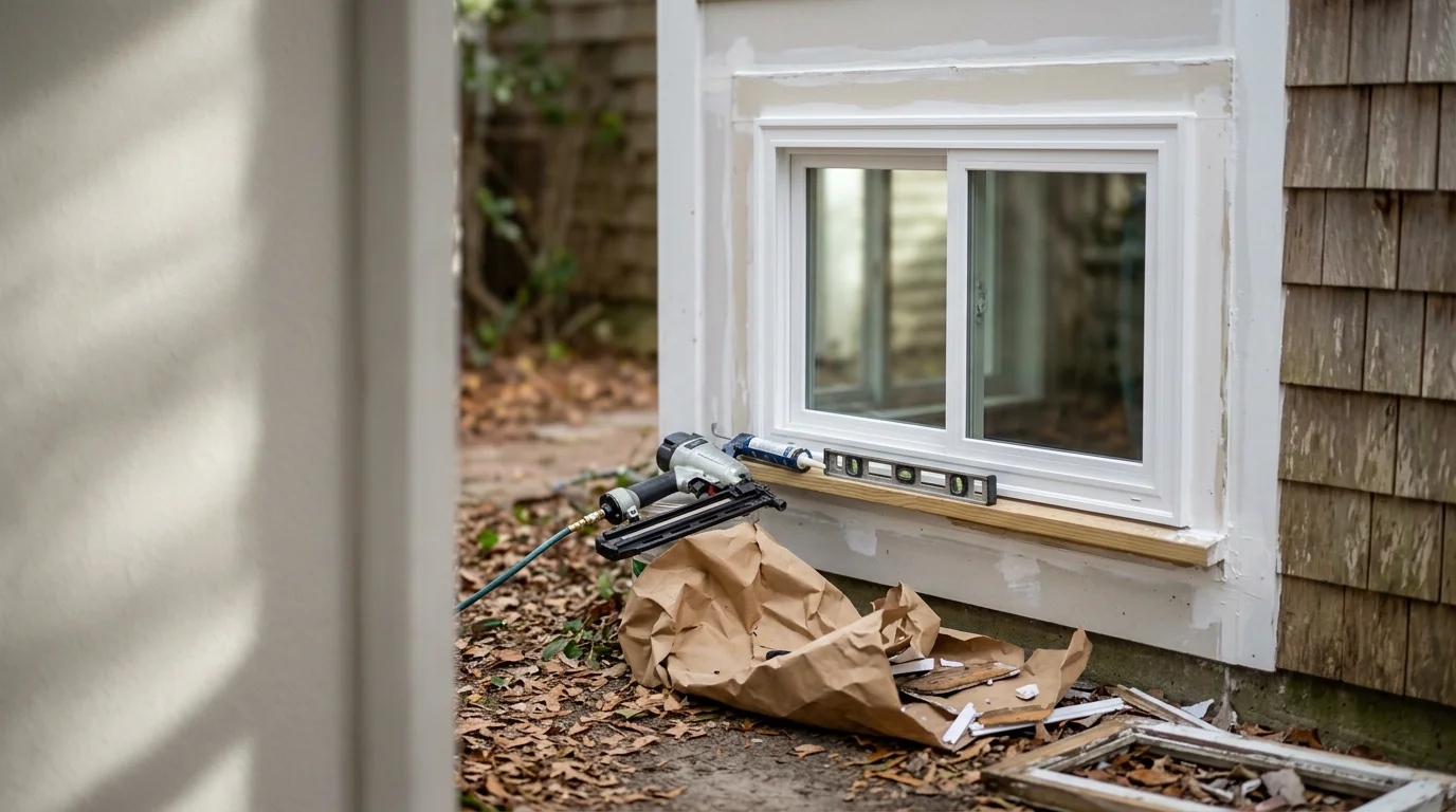 A freshly installed replacement window on a residential home in Wilmington, NC, showing a clean frame fit and finished interior trim. The exterior view reflects a coastal neighborhood setting with clear glass and no visible gaps or weathering.